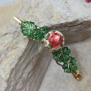 Ceramic Roses Beads And Glass Leaves Hair Pin Clip